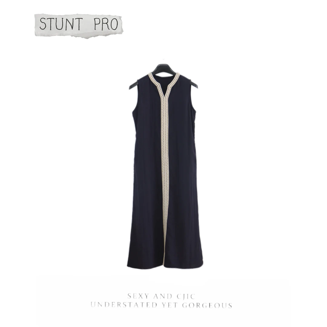 法式v领宽松无袖莱赛尔天丝亚麻连衣裙女夏季气质长裙1728