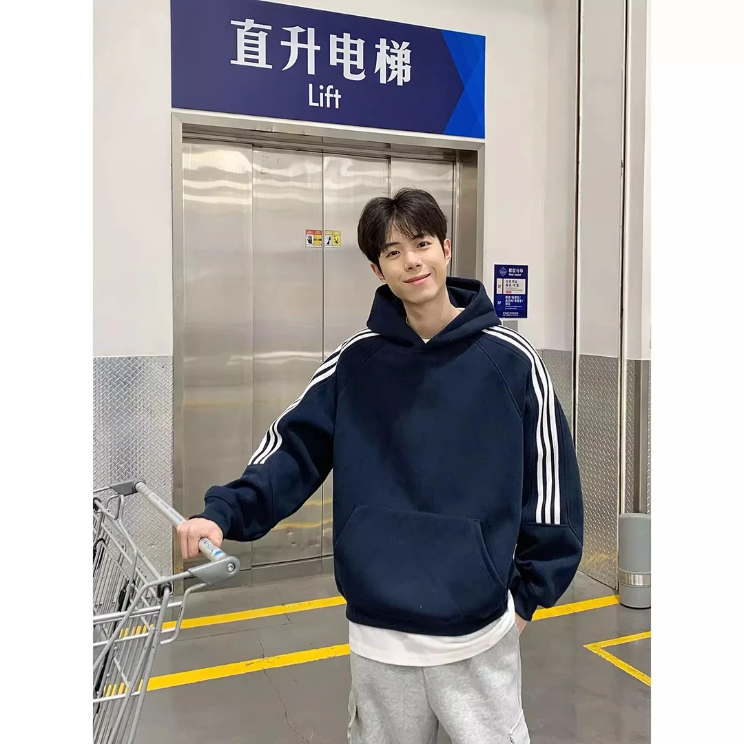 美式复古三条杠廓形连帽卫衣男款秋季藏青色重磅条纹休闲情侣外套