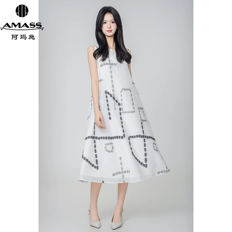 AMASS/阿玛施春夏新款新中式圆领无袖气质不规则印花连衣裙550005