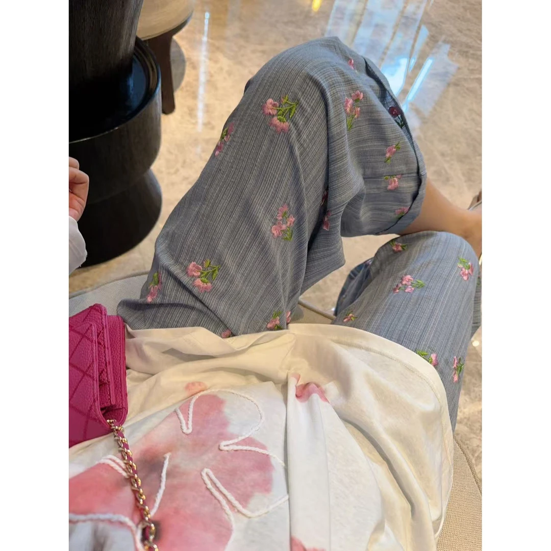 【YFONI】松紧腰刺绣休闲直筒裤