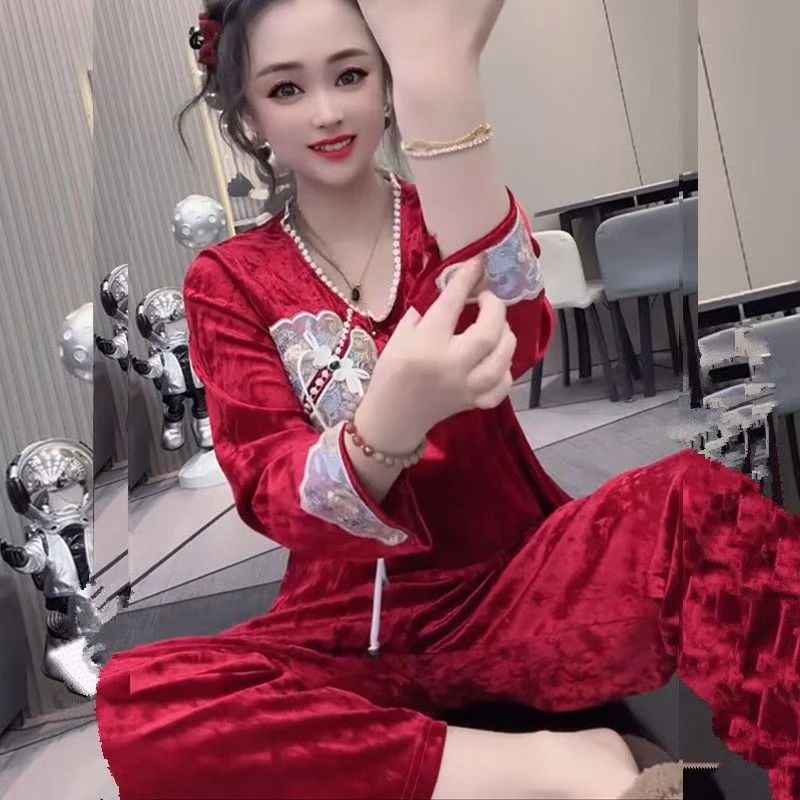 网红爆款睡衣女金丝绒新中式国风盘扣宽松大码家居服套装女可外出