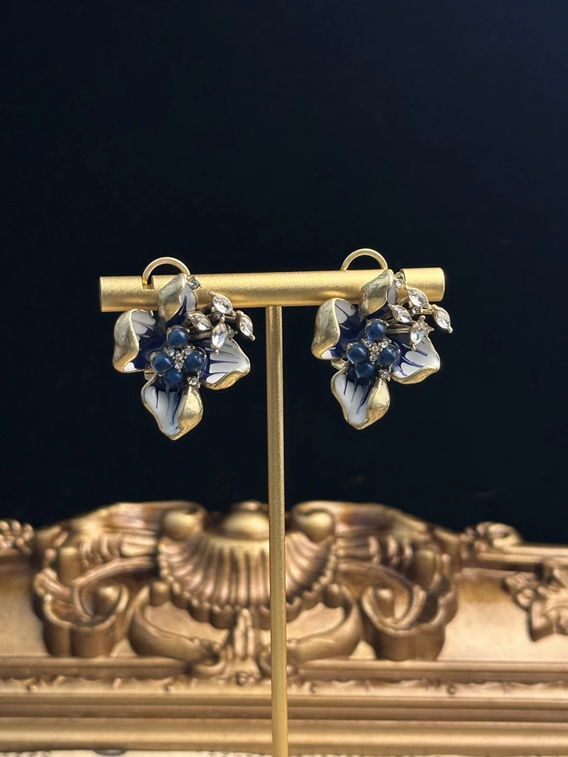铜合金琉璃耳饰 中古镀金做旧蓝色石头白色珐琅耳饰 0227E