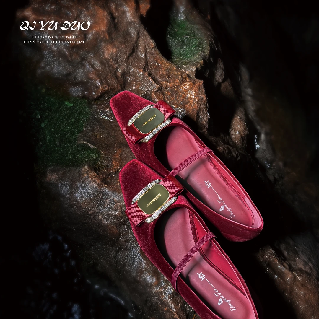 【七与多】2cm/玛丽珍金属扣方头芭蕾舞蝴蝶结单鞋内增高柔软女鞋子