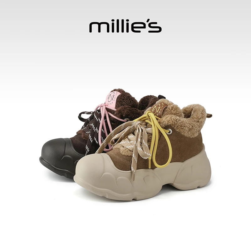 MILLIE'S/妙丽冬季新款磨砂牛皮拼接时尚休闲鞋女厚底加绒运动鞋