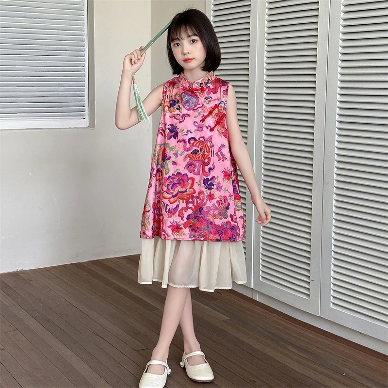 女童国风连衣裙夏季2025新款大儿童夏装背心裙子新中式汉服旗袍裙