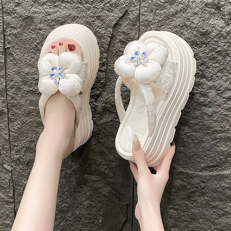 花朵水钻新中式印花仙女风拖鞋女夏外穿8cm增高厚底松糕一字凉拖