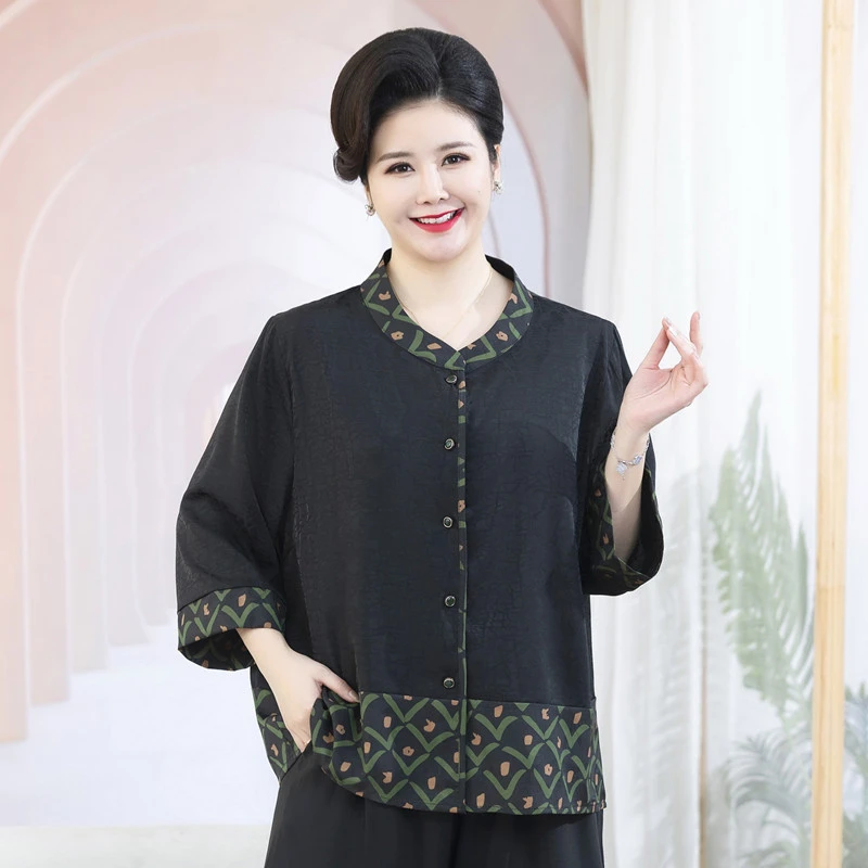 夏季新款中老年加肥加大套装七分袖妈妈装新中式上衣洋气两件套女