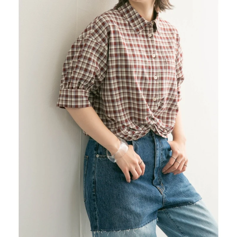 【胖虎家】 夏季新款 K 复古时尚百搭结饰设计感格纹衬衫