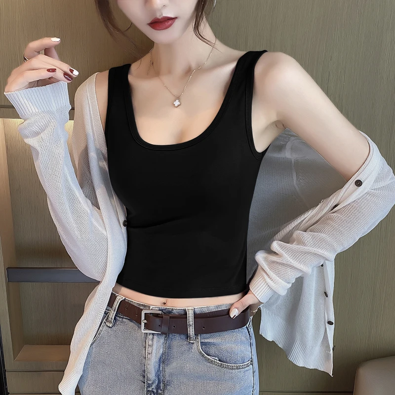 黑色吊带背心女内搭露肚脐夏季打底短款美背外穿网红带胸垫上衣