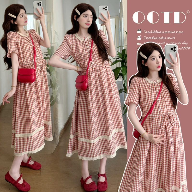 孕妇装2025夏季新款时尚红格子花边拼接洋气潮妈连衣裙大码显瘦