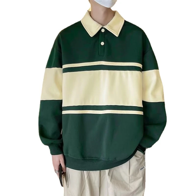男士ins条纹宽松加厚polo领卫衣上衣服H潮牌春秋季撞色青少年外套