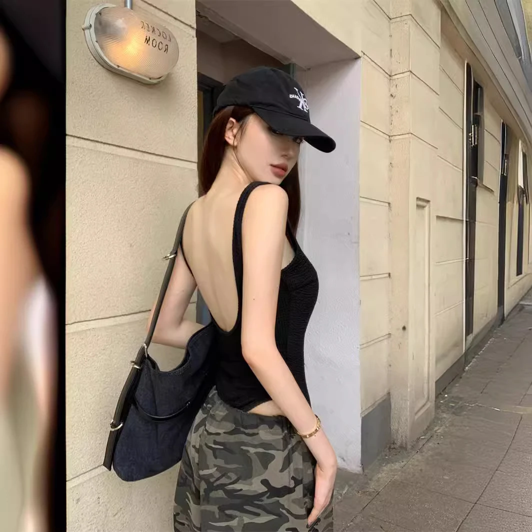 美式复古辣妹连体吊带背心女夏季内搭风黑色露背上衣外穿