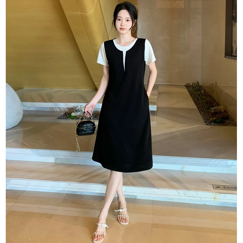 【墨墨家】2025夏装假两件短袖裙子时尚气质胖mm遮肉显瘦连衣裙#858