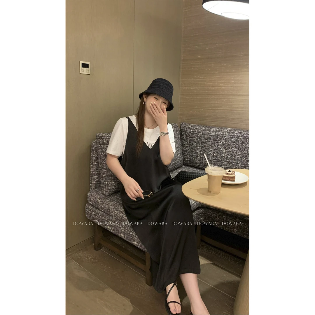 现货大婉酱微胖定制【双面绸裙】法式V领叠穿吊带裙设计感长裙8787D