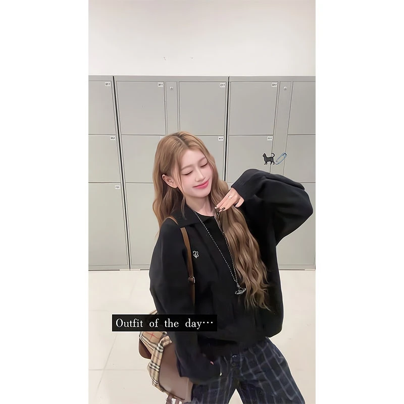 美式复古半拉链圆领针织衫女冬季小众设计感宽松长袖百搭格子裤子