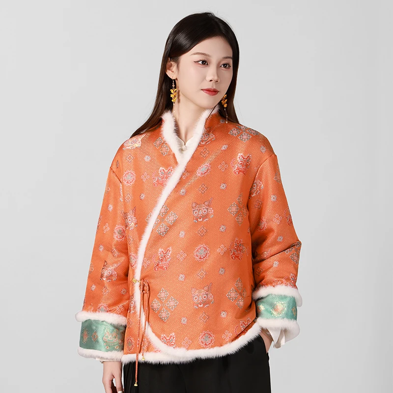 中国丝绸隆鹊『瑞虎灵芝橘』宋锦偏襟外套新中式女装冬款复古中国风