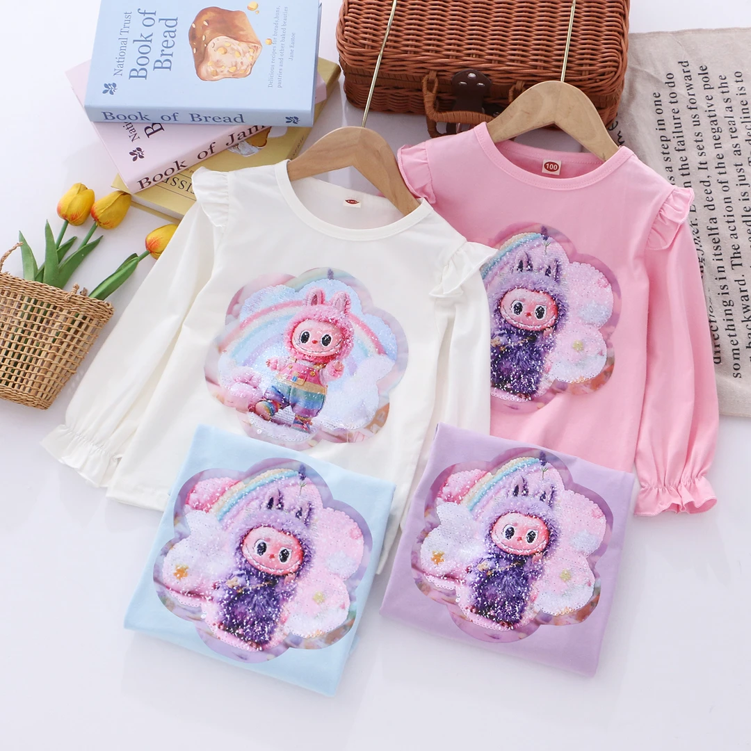 女童长袖上衣春秋装女宝宝变色亮片T恤衣服小儿童卡通圆领打底衫