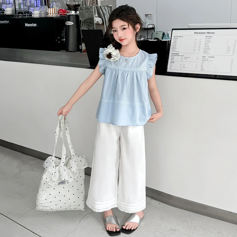女大童夏季飞袖套装2025新款洋气时尚薄款韩系娃娃衫阔腿裤两件套