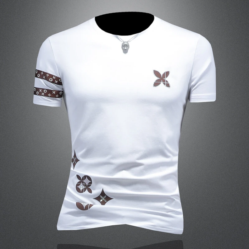 DRNL丝光棉字母印花短袖t恤男圆领半袖烫钻上衣夏季新款休闲小衫