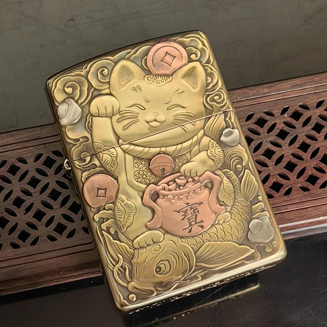 zippo打火机 DB 168黄铜加紫桐镶嵌猫  DY9912FD*1003dabai