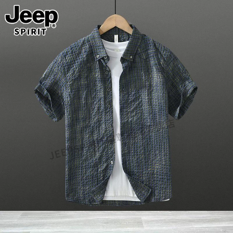 Jeep吉普美式肌理感格子短袖衬衫男夏季薄款泡泡纱休闲宽松衬衣潮