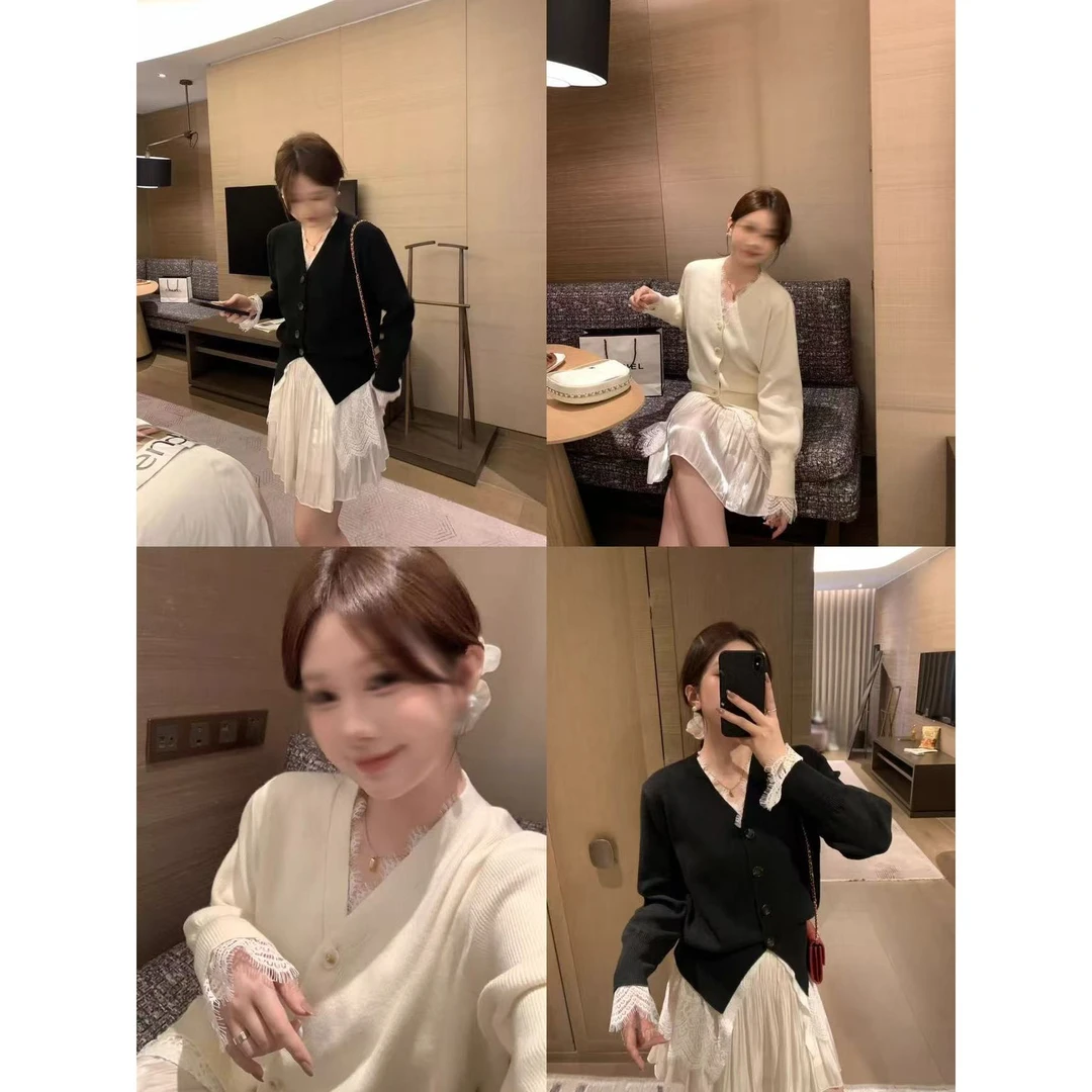 【小巧定制】XQ2634秋季新款甜美显瘦蕾丝毛衣外套大码女装