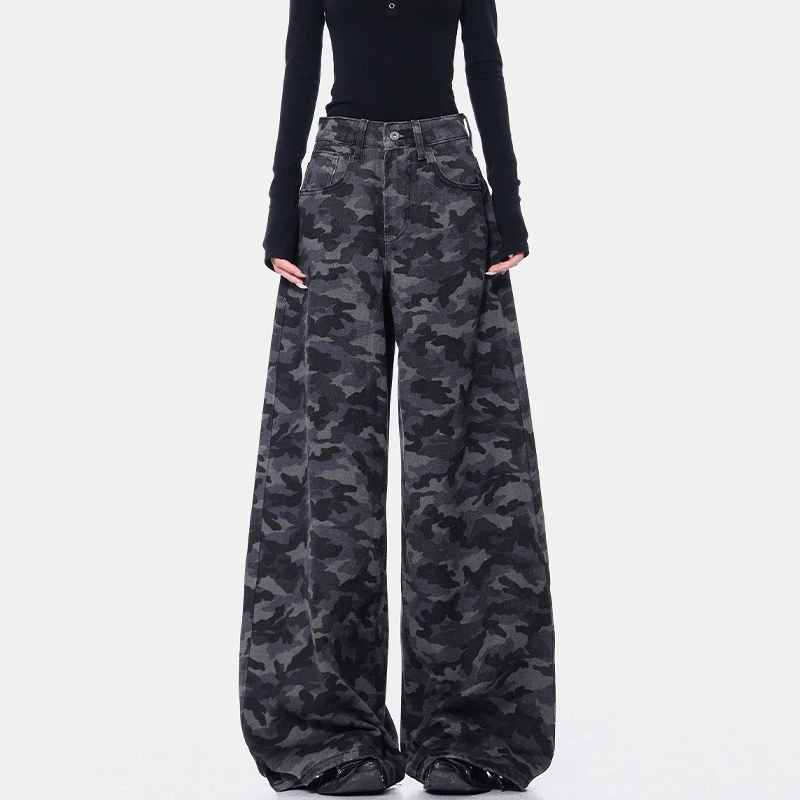 KEN STUDIO春季新款美式高街迷彩牛仔裤女直筒高腰宽松显瘦拖地裤