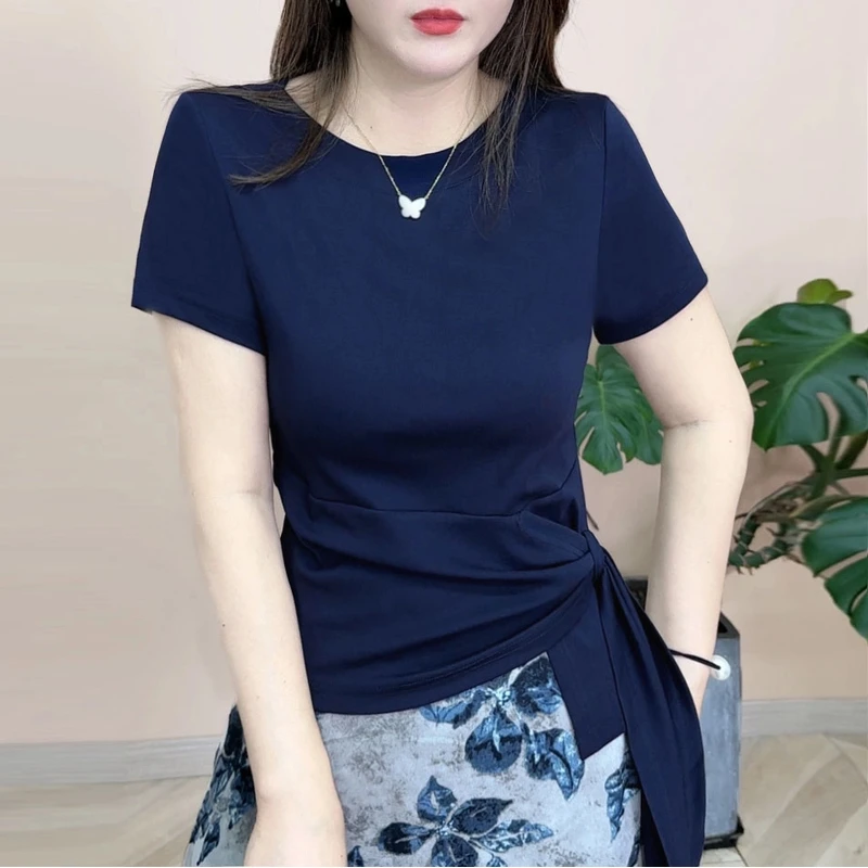 （运费险）2025夏季新品时尚百搭修身显瘦圆领纯色设计感女士短款