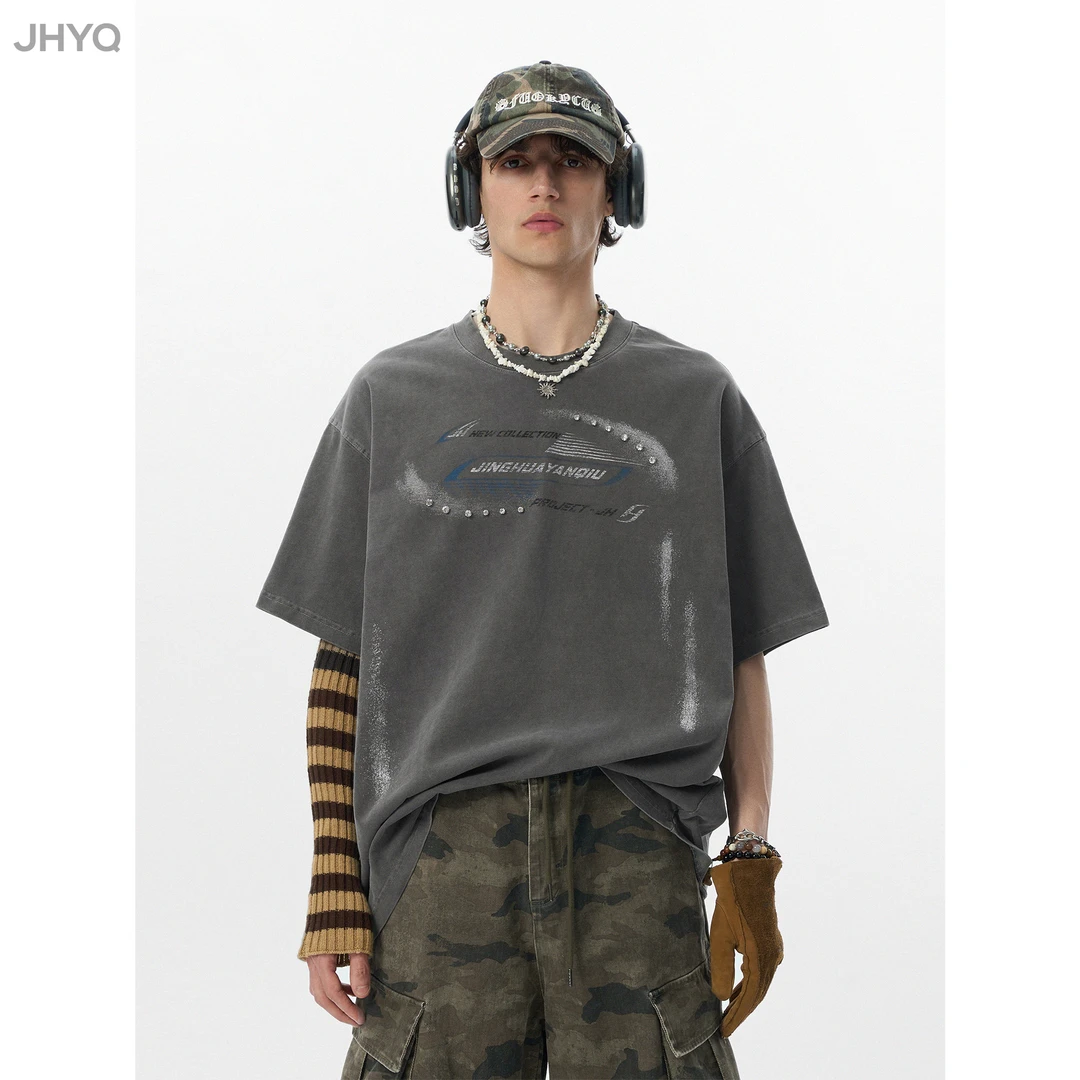 【JHYQ】夏季水洗欧美做旧百搭上衣T恤潮流JHYQ印花嘻哈短袖035