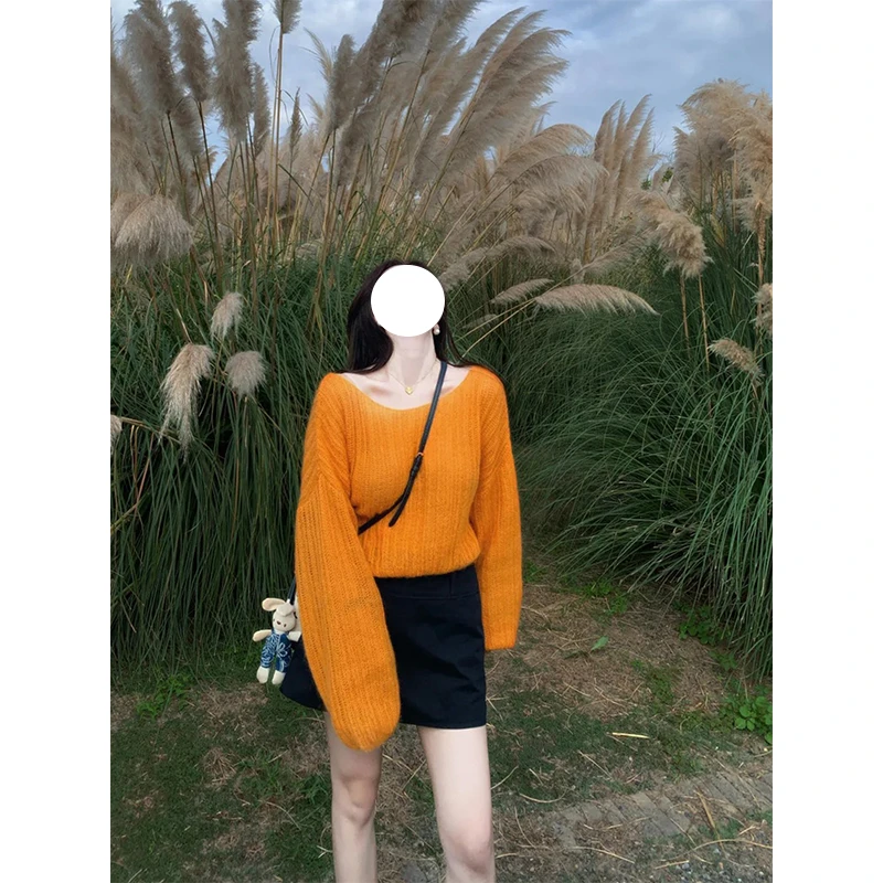 大码女韩系软糯泡泡袖长袖针织衫秋冬新款宽松慵懒百搭上衣-C2831