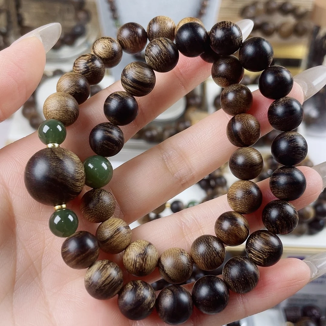 沉香手串越南芽庄白棋玉化瘤疤虎斑+芽庄黄棋玉化瘤疤1.0