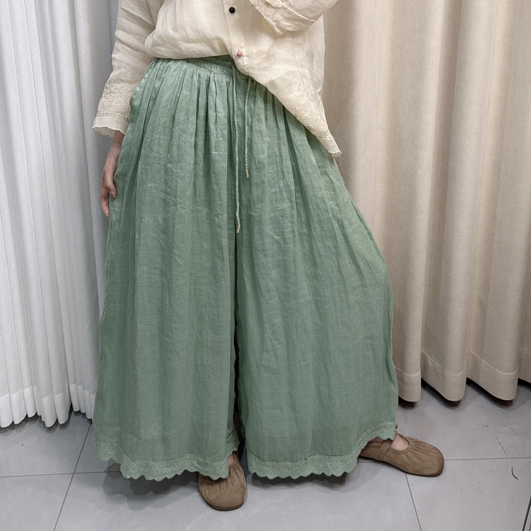 【熹里】82002 春夏新款苎麻双层花边裙裤女长款休闲松紧腰阔腿裤
