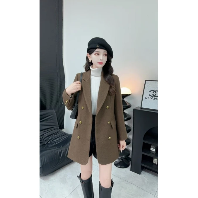 628款-女士气质西服外套双排扣春秋中长款休闲时尚百搭外套