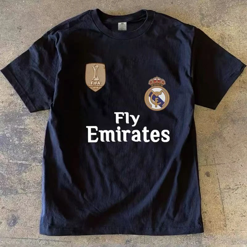 C罗皇马logo足球印花重磅300黑色纯棉美式男短袖T恤球衣印花长袖