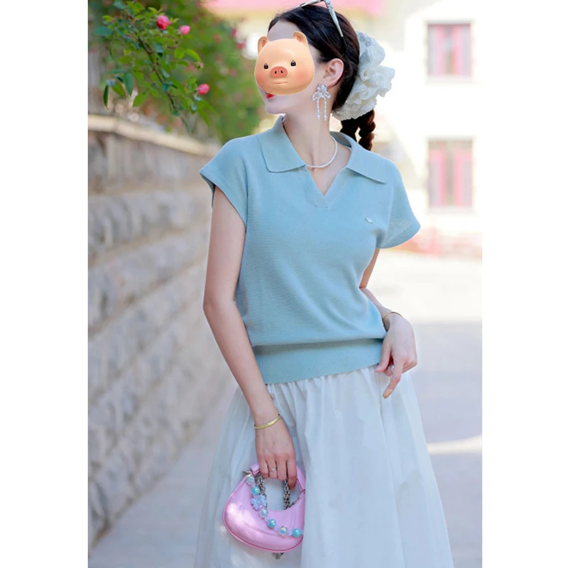 法式翻领蓝色正肩冰丝针织短袖T恤女夏季修身显瘦短款polo衫上衣
