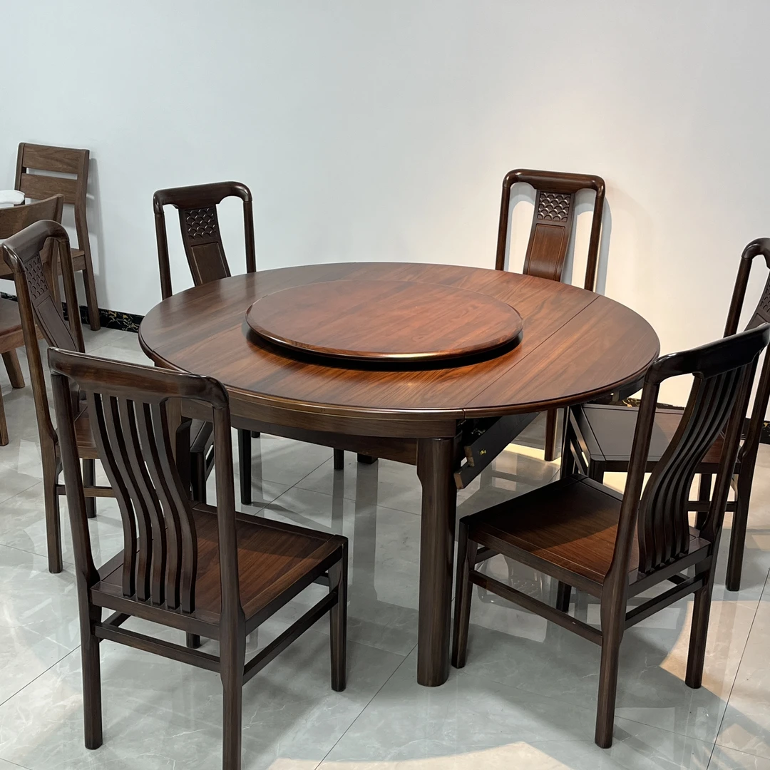 乌金木工艺实木餐桌家用2025新款折叠可伸缩圆桌新中式家用饭桌