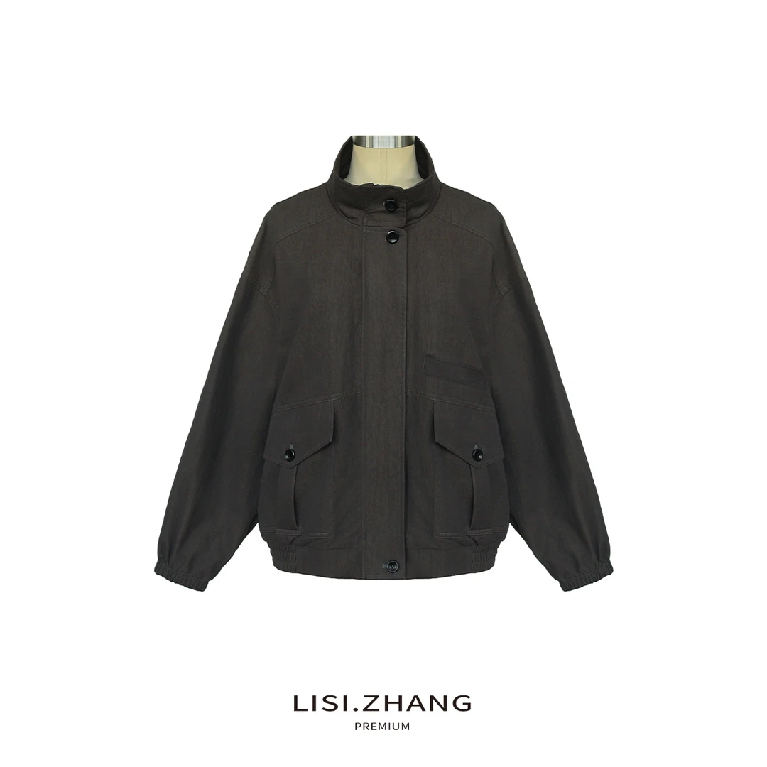 LISI.ZHANG--【复古立领短外套】宽松蝙蝠型棉质地纯色休闲外套