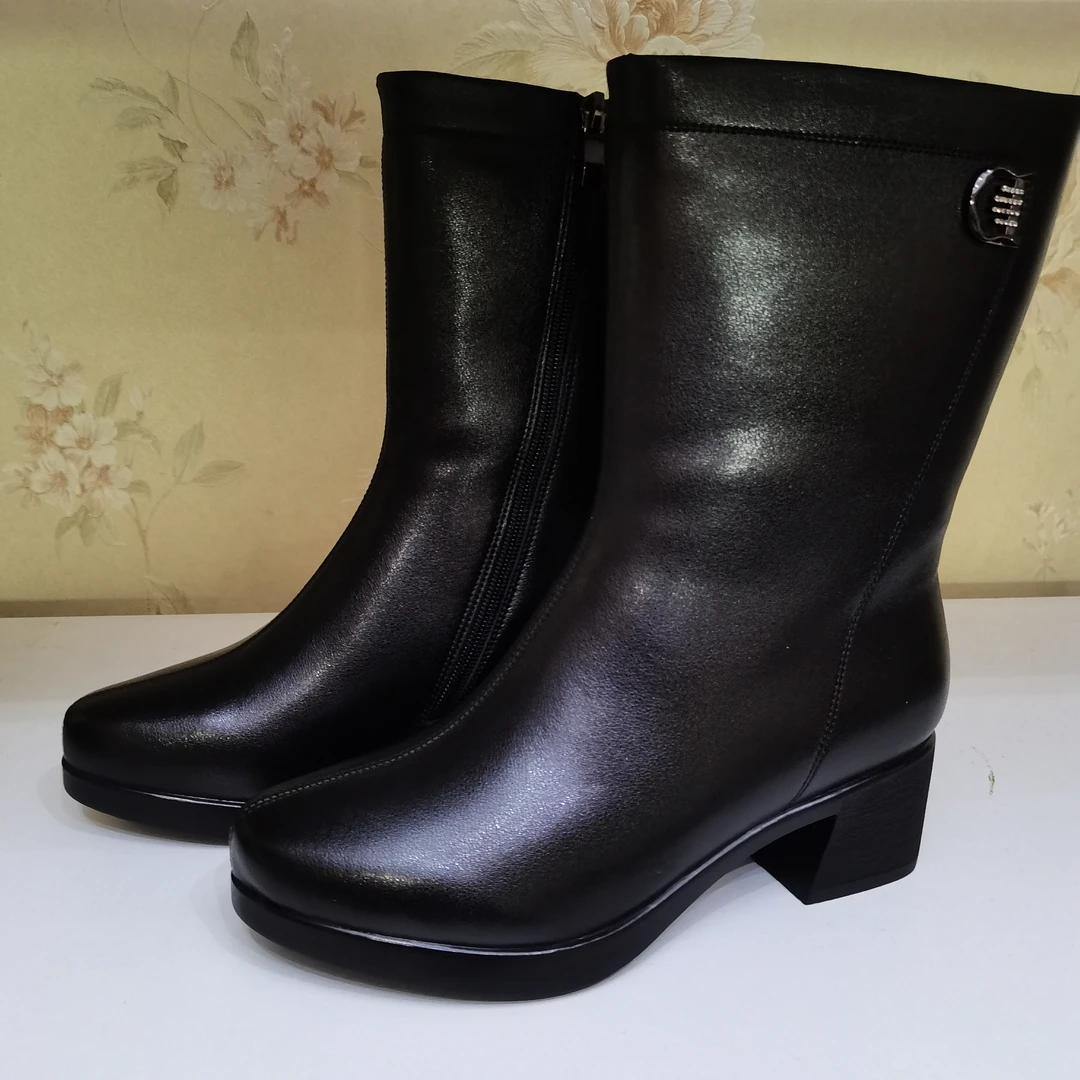 牛皮中跟粗跟加绒冬款侧拉链防滑中筒靴舒适女鞋时尚百搭气质优雅