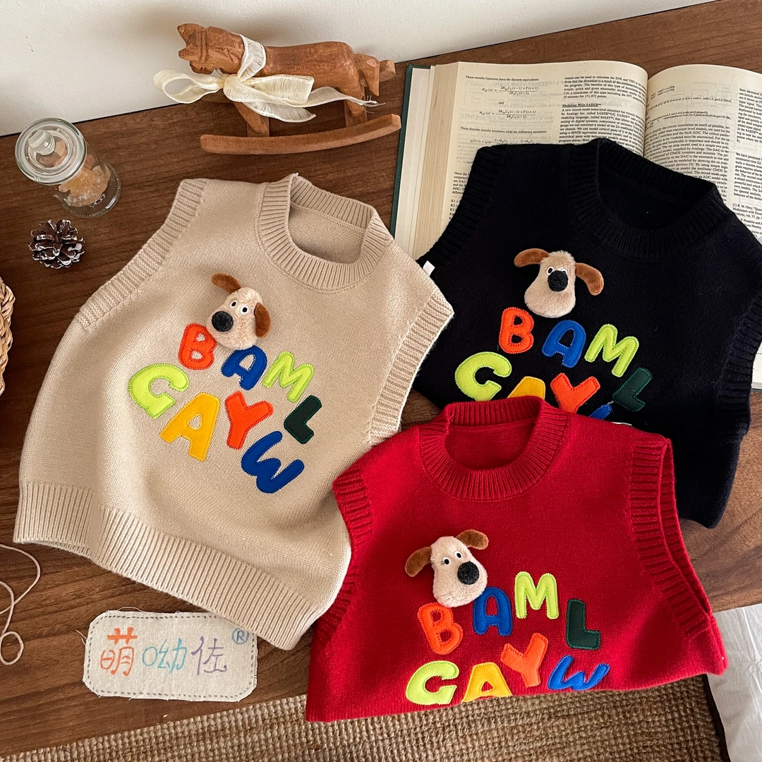 2025春秋新款童装毛衣针织衫马甲马卡龙配色刺绣字母小狗配件