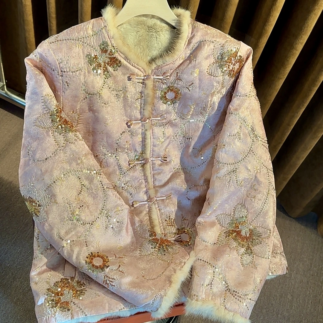 【绣影粉绒】冬季新中式国风水貂毛双面双穿加绒加厚女装外套