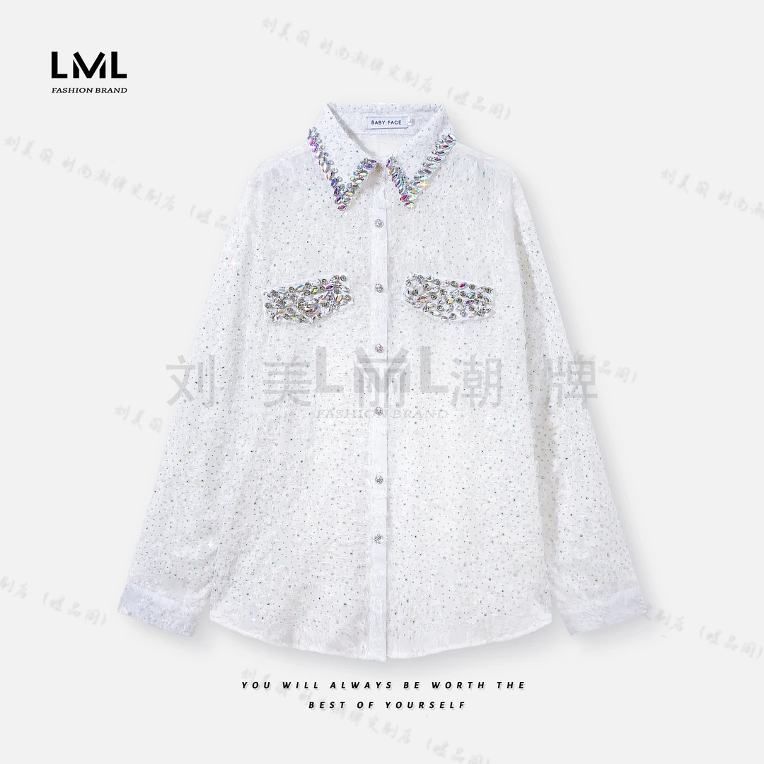 现货丽丽家 钉珠彩钻气质百搭休闲衬衫