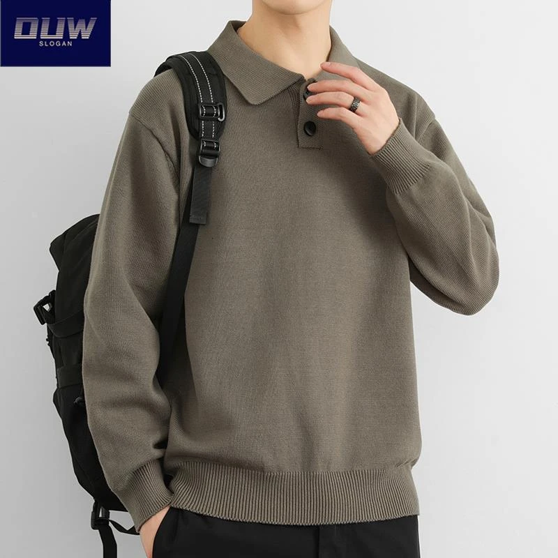 O.U.W纯棉针织衫polo衫男士复古翻领秋冬季宽松套头厚款保暖毛衣
