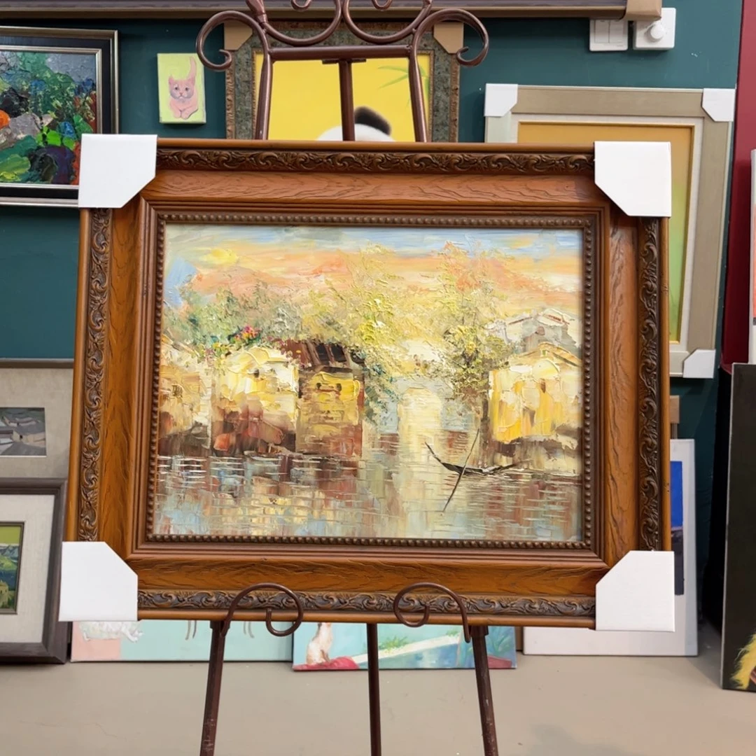 油画江南水乡带实木框45×55