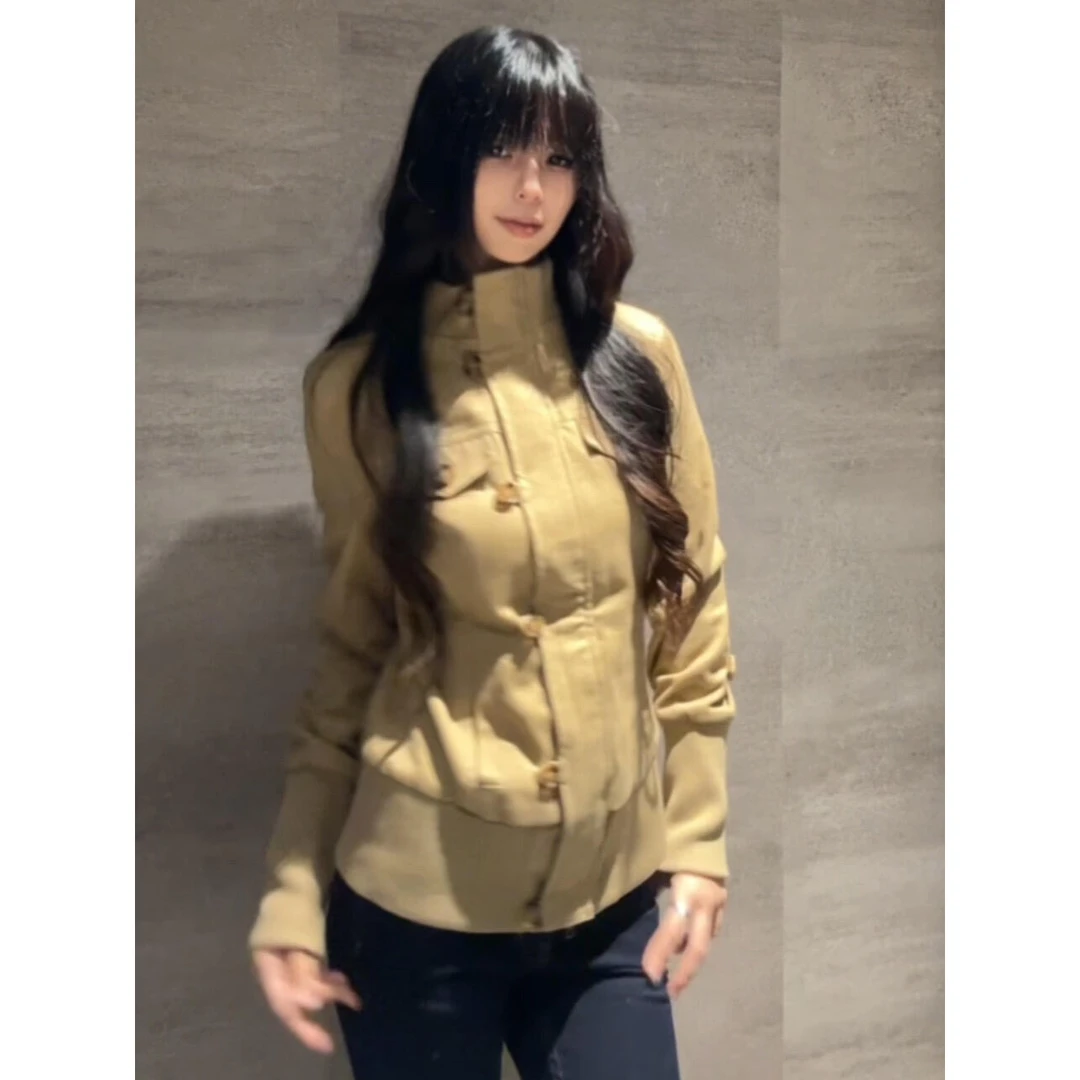卡其色韩系复古高领针织拼接短外套女秋季氛围感穿搭休闲夹克上衣