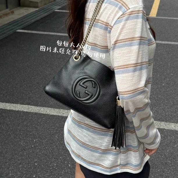 95新 GUCCI/古驰 黑色全皮荔枝纹Mini soho单肩包