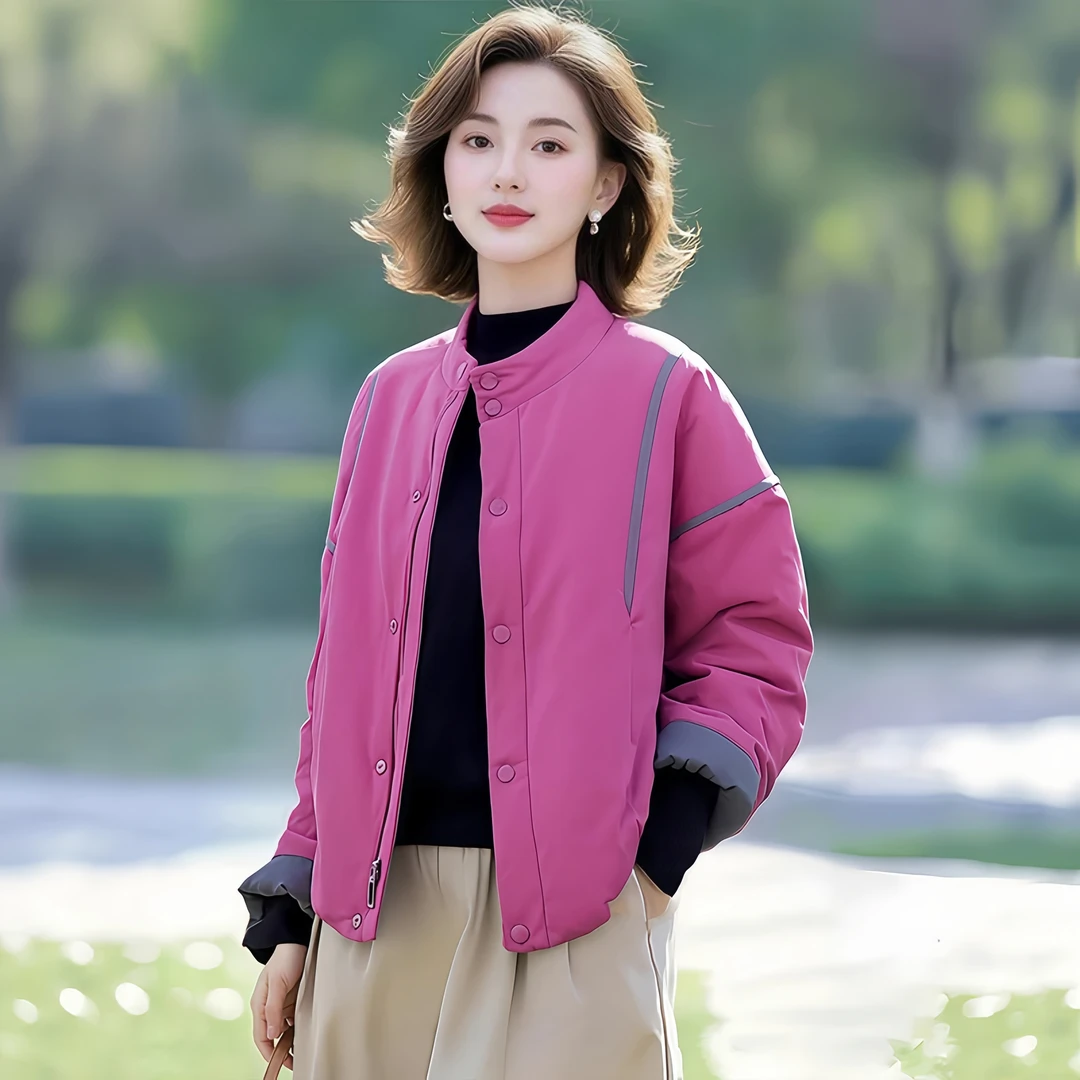 SHALLDOER秋冬季时尚百搭休闲撞色气质拼接棉衣宽松立领韩版显瘦