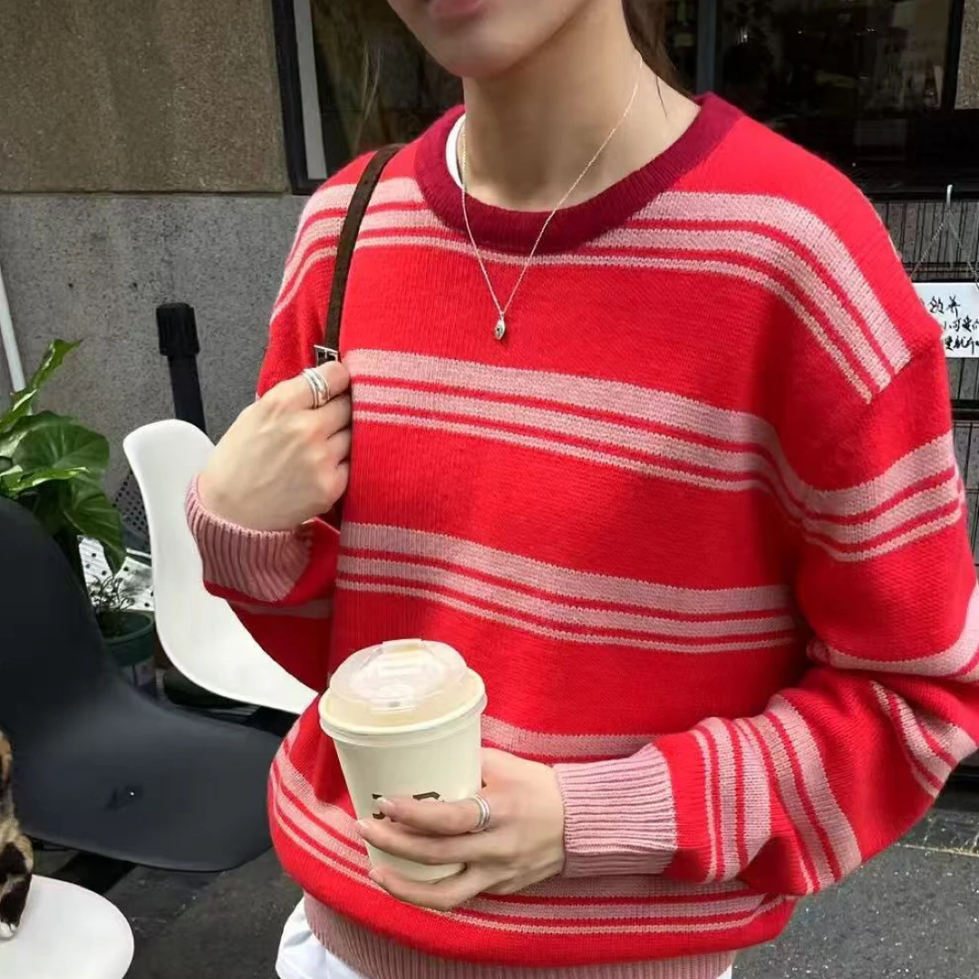 BELLATAG正版冬季新款 很洋气的老钱风红色条纹毛衣女