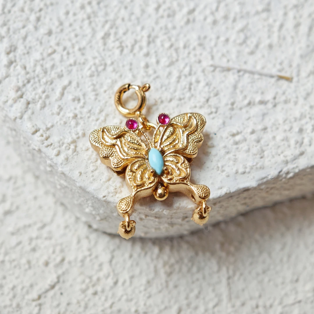 925银银制品 蝴蝶吊坠多样性其一发货金色手工镶嵌首饰彩色项链