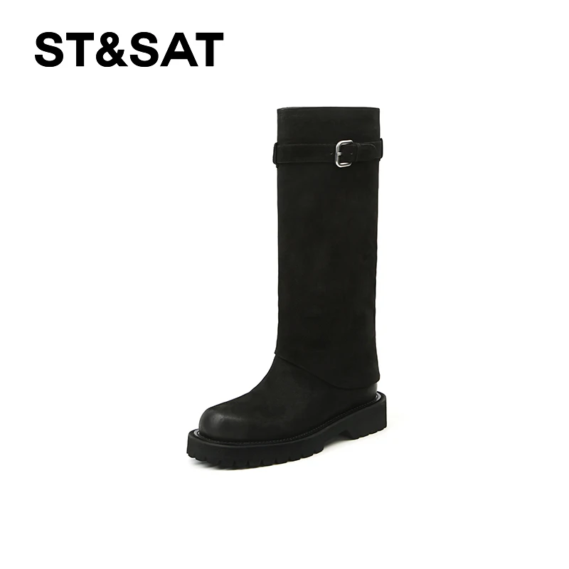 St&Sat/星期六2024新款冬季时尚厚底西部牛仔靴中粗跟堆堆靴