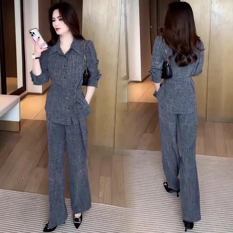 时尚套装女春秋新款洋气质减龄显瘦系带收腰衬衫高腰阔腿裤两件套